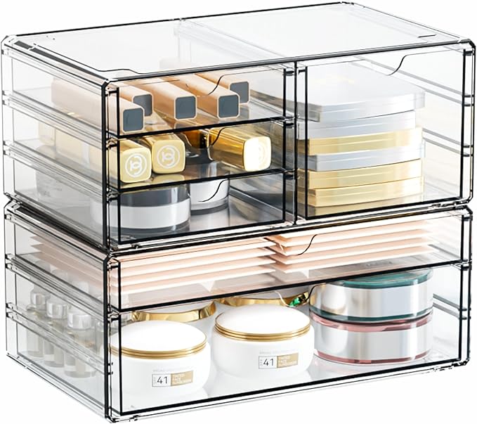 Yieach 2 Pack Acrylic Drawer Organizer With 6 Drawers,Stackable 11.1” Large Clear Storage Drawers and Makeup Organizer For Vanity,Bathroom Countertop,Cabinet,Pantry,Office Supply Storage Bins Drawers
