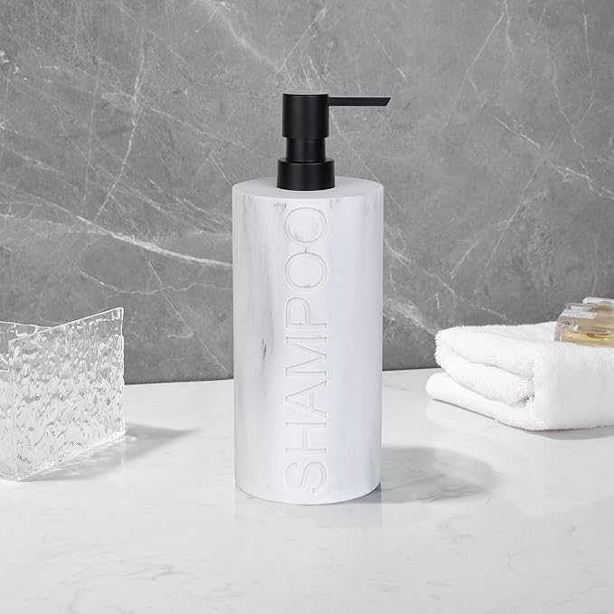 Matte White Shampoo Dispenser Modern Refillable Pump Bottle with Embossed Text, Durable Resin Construction for Bathroom and Kitchen