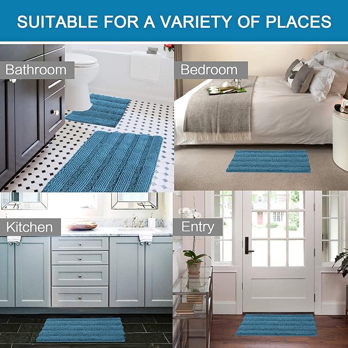 H.VERSAILTEX Bathroom Rugs Bath Rug Set 2 Piece Bathroom Contour Rug Toilet Mat Sets Non Slip Contour Bath Rug Ultra Thick Water Absorbent Striped Bath Mats(36" x 24" Plus 20" x 24" U, Turquoise Blue)