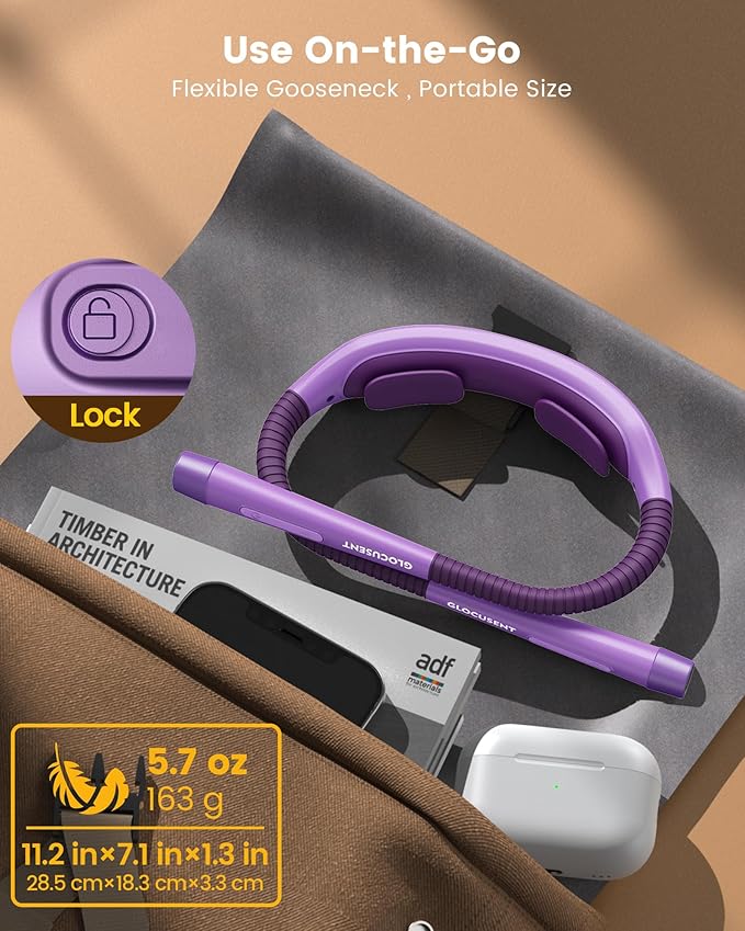 Glocusent Ergonomic Reading Light, 1600mAh Rechargeable Book Light for 100 Hrs - 3 Colors & 5 Brightness, Neck Light with Timers, Sleep Aid & Travel Lock, Perfect for Reading, Knitting & Craft