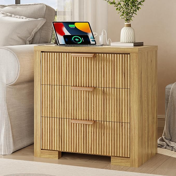 Fluted Nightstand Set of 2 with Charging Station, 23.6" Night Stand with 3 Drawers,End Table with Storage, Bed Side Table for Bedroom,Modern Nightstand for Living Room, Natural