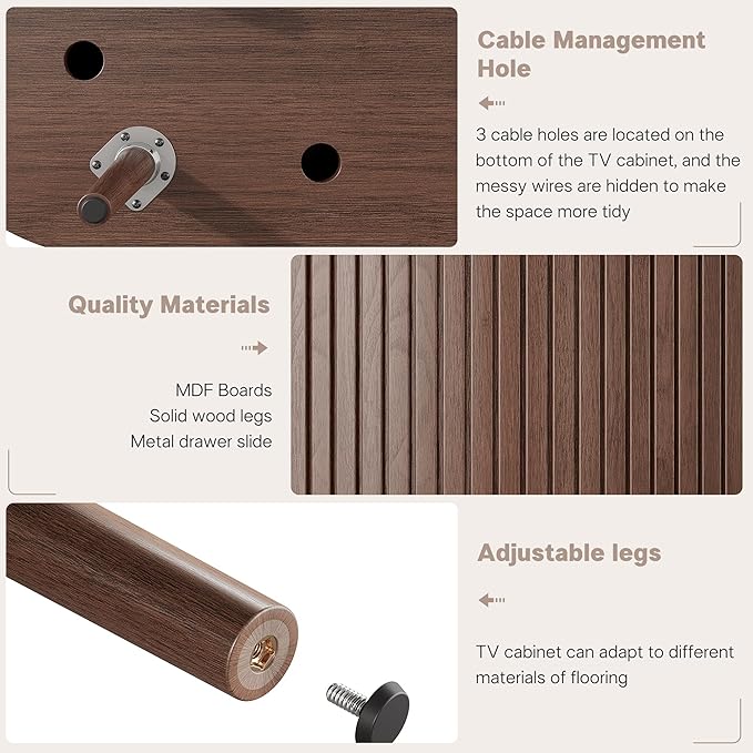 Alohappy 59" Mid Century Modern TV Stand with Power Outlet, Curved Edge Fluted TV Media Console Table with Drawer and Shelf, Farmhouse Entertainment Center for Living Room, Bedroom, Walnut