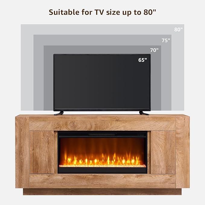 OKD Modern 70" Fireplace TV Stand with 36" Electric Fireplace, Entertainment Center for TVs Up to 80", Media Console with Side Cabinets, Thick Wood Design for Living Room, Light Knotty Oak