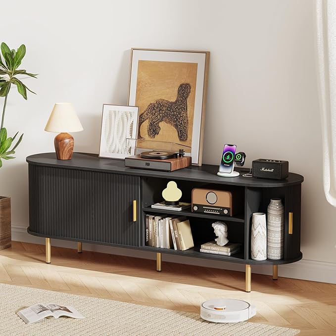DHH Tv Stand Cabinet with Storage,Fluted Tv Console Entertainment Center with Storage Adjustable Shelves, Modern Vintage with Sliding Doors tv Stand for Living Room (Black, 63 Inch)