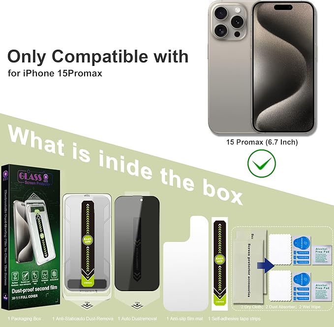 (2-Pack Anti-Spy Privacy Screen Protector for iPhone 15 Pro Max(6.7-Inch),9H Tempered Glass,Full Coverage,Anti-Fingerprint,Auto Dust Removal,Bubble-Free,Easy Installation