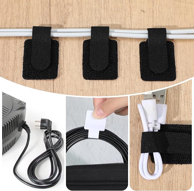 80 PCS Adhesive Hook and Loop Cord Ties, Adjustable Desk Cable Organizer Multi-Purpose Cord Ties for Charging Cables Household Office Kitchen Essentials (Black, Grey, White)