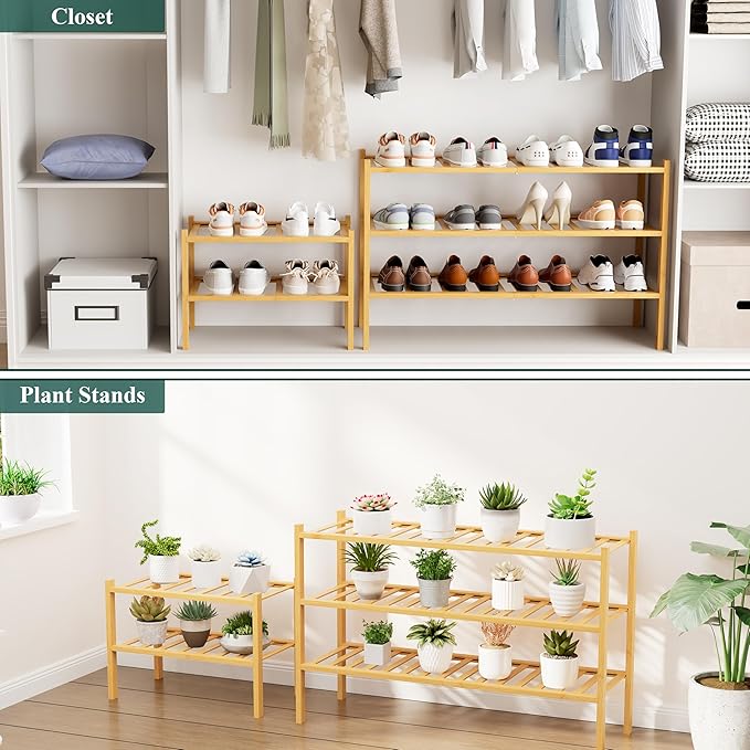 Smiry Shoe Rack, 2 Tier Long Bamboo Shoe Organizer, Stackable Free Standing Wooden Shoe Storage Shelf for Closet, Entryway, Front Door Entrance, Natural