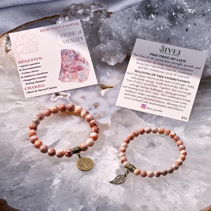 Bivei Natural Semi Precious Gemstone beads bracelet for women - Life Tree and Leaf Charm Energy Reiki Crystal Stretch Bracelets