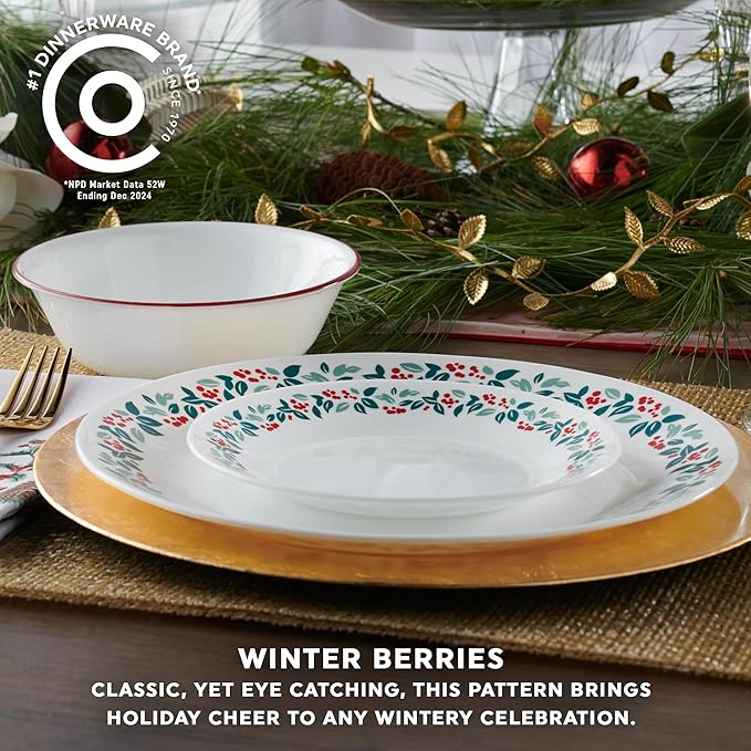 Corelle Vitrelle 18-Piece Christmas Service for 6 Dinnerware Set, Triple Layer Glass and Chip Resistant, Lightweight Round Holiday Plates and Bowls Set, Winter Berries