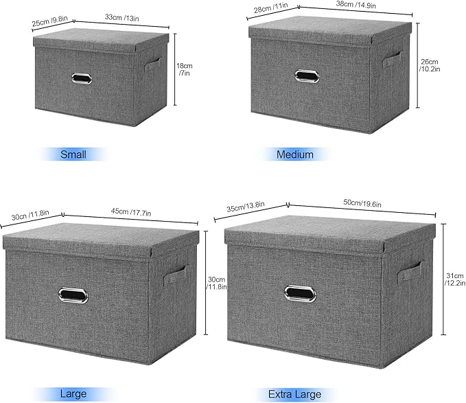 Large Linen Fabric Foldable Storage Bins with Removable Lid and Handles, Washable Storage Box Organizer Containers Baskets Cube with Cover for Bedroom,Closet,Office (Coffee, Medium(2-Pack))