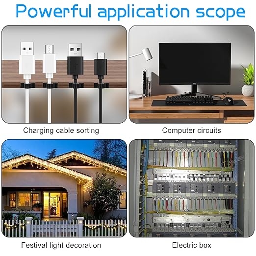 XHF 100pcs Adhesive Cable Wire Clips Black, Outdoor Cable Management Wire Organizer Cord Holder for Under Desk, Car, Wall, TV PC Ethernet Cable