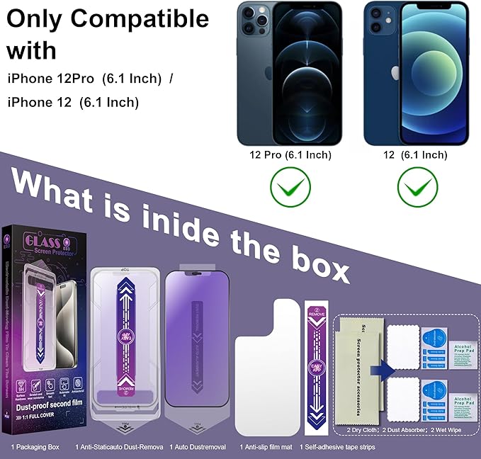 2 Pack Anti Blue Light Matte Screen Protector for iPhone 12 Pro/iPhone 12, 9H Tempered Glass, Full Coverage, Anti-Fingerprint, Auto Dust-Elimination, No Bubble, Easy Installation