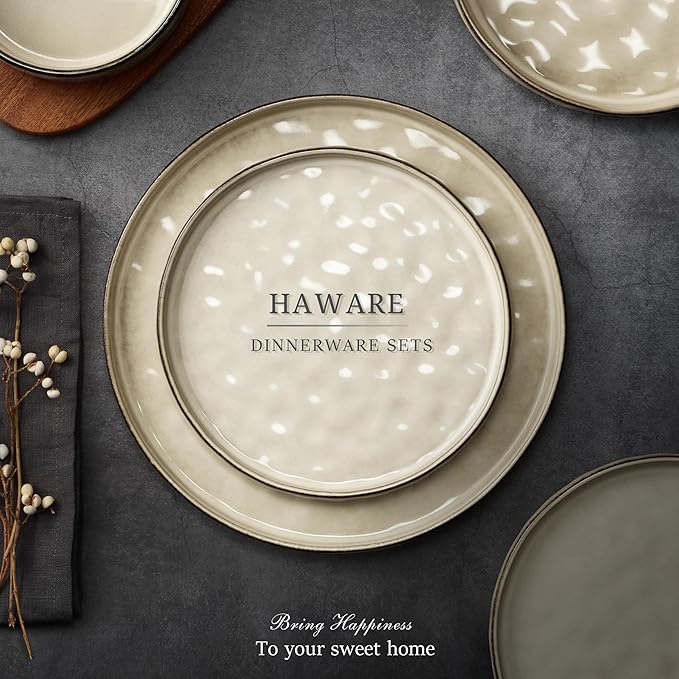 HaWare Dinnerware Sets, 24-Piece Plates and Bowls Set, Stoneware Dish Set for 8, Ceramic Dinnerware for Home Restaurant, Chip and Scratch Resistant, Microwave and Dishwasher Safe, Reactive Khaki