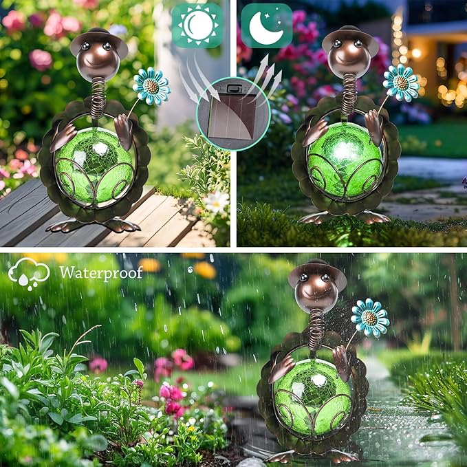 MUMTOP Turtle Garden Decor, Turtle Solar Lights Outdoor Decorative Waterproof with Crackle Glass Globe and Flower Yard Ornaments for Tabletop Outside Garden Lawn Outside Porch Home Decorations