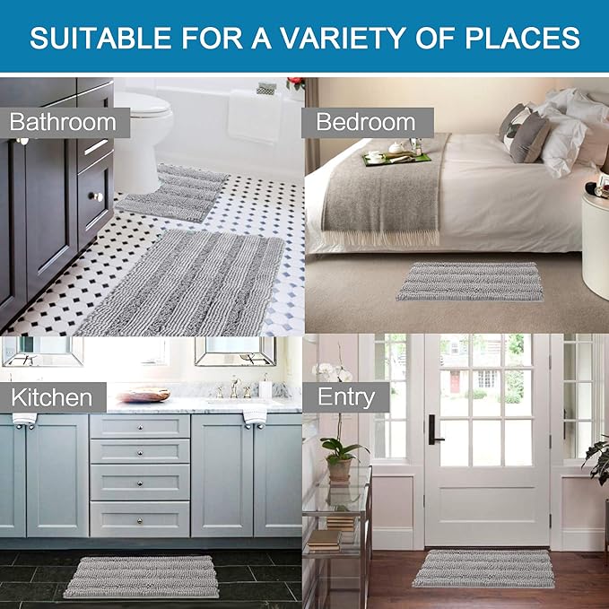 H.VERSAILTEX Bathroom Rugs Bath Rug Set 2 Piece Bathroom Contour Rug Toilet Mat Sets Non Slip Contour Bath Rug Ultra Thick Water Absorbent Striped Bath Mats Washable(36" x 24" Plus 20" x 24" U, Dove)