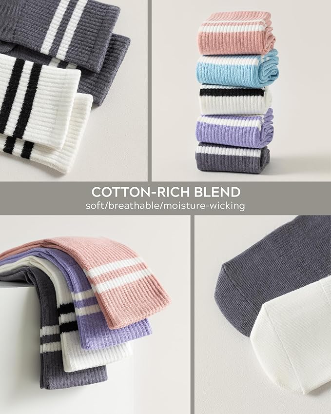 Pilates Socks with Grips for Women Grippy Non Slip Crew Socks for Yoga Barre Hospital Striped 3 Pairs