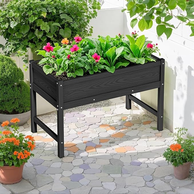 HDPE Raised Garden Planting Bed with Legs,Garden Boxes Outdoor Raised with Drainage Hole Rot-Resistant,Raised Beds for Gardening for Backyard, Patio, Balcony 300 lb Capacity (Black)
