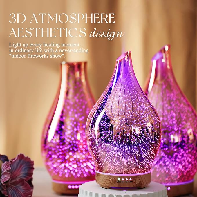 Porseme Essential Oil Diffuser 3D Firework Glass Aromatherapy Ultrasonic Humidifier Rose Gold, Auto Shut-Off, Timer Setting, BPA Free, Aroma Decoration for Home, Office, Gym, Spa, Premium Gift 150ml