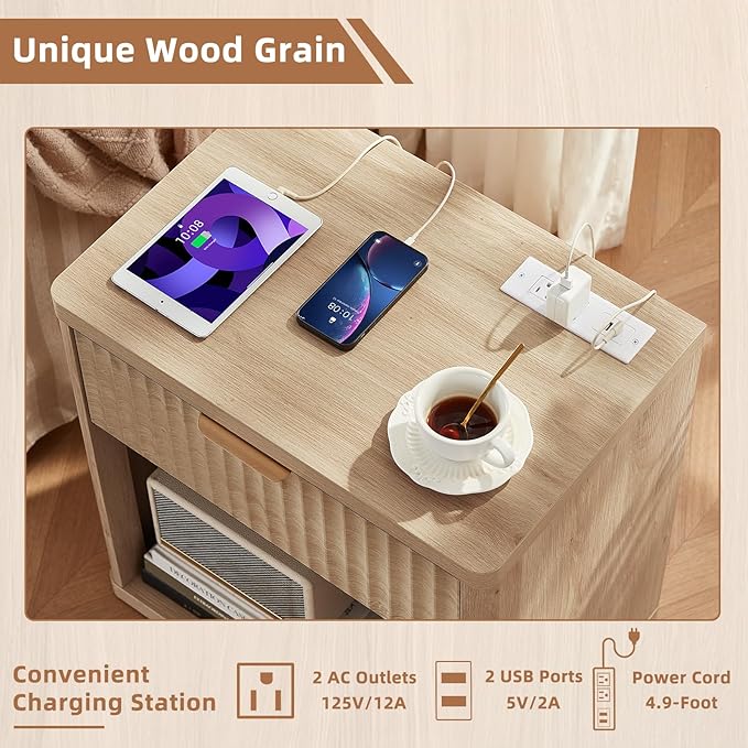 LEYAOYAO Fluted Farmhouse Nightstand Set of 2 with Charging Station, 23" Wide 1 Drawers Night Stand,Natural Dresser for Bedroom,Bed Side Table Chest of Drawers,Wood End Table for Living Room