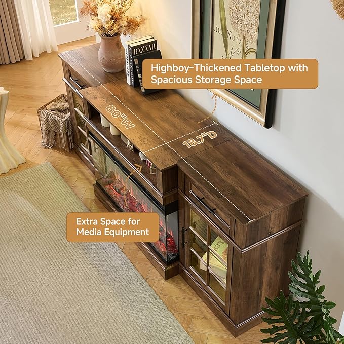 ROCKPOINT 3 Sided Glass 80" Fireplace TV Stand for TVs up to 90inch,Entertainment Center with Drawers and Glass Door Storage Cabinet,36" Electric Fireplace with LED Light and Flame Colors,Espresso