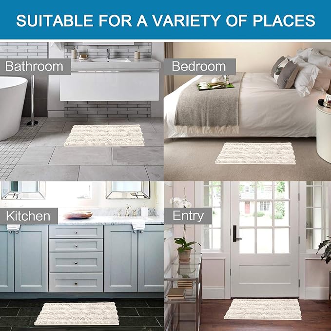 H.VERSAILTEX Bath Mats for Bathroom Non Slip Extra Thick Chenille Striped Bath Rug 24" x 36" Absorbent Non Skid Fluffy Soft Shaggy Rugs Washable Dry Fast Plush Mats for Indoor, Bath Room, Tub - Ivory