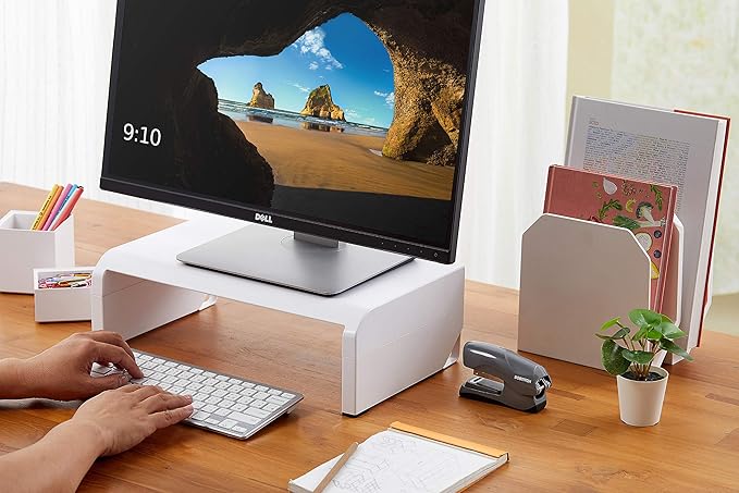 Bostitch Office Konnect Adjustable Monitor Stand Riser, 4 Height Adjustments, Built-in Cable Management, Rubber Feet - White