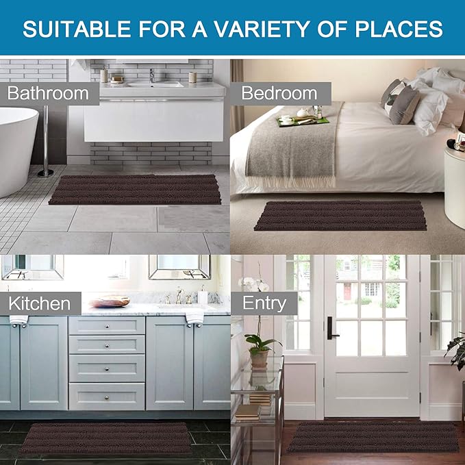 H.VERSAILTEX Bath Rugs for Bathroom Non Slip Bath Mats Extra Thick Chenille Striped Bath Rug Runners 47" x 17" Absorbent Fluffy Soft Shaggy Mats Dry Fast Plush Area Carpet for Bath Room - Chocolate