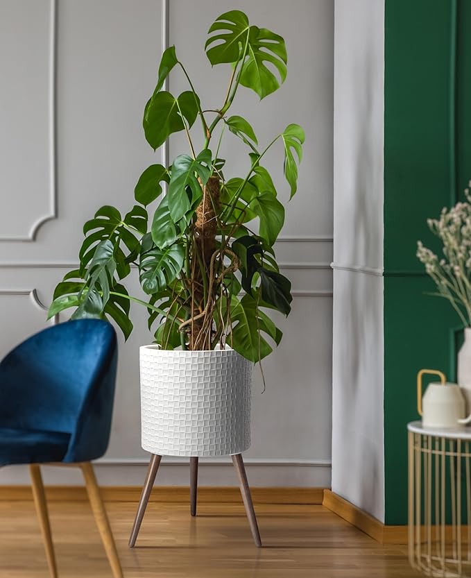 D'vine Dev 16 Inch Modern Geometric Tile Patterned Sleek Planter Pot with Stand, Indoor Outdoor Decorative Plant Holder, Matte White, 88-Z-E-1