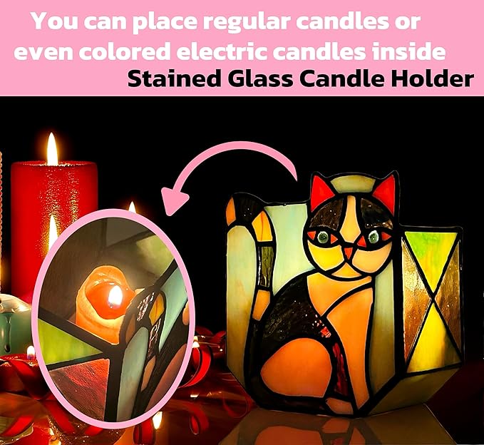 Handmade Stained Glass Indoor Plant Pot,Flower Pots with Drainage Holes,Black Orange Cat Planter Pot, Cute Succulent Pots,Plant Lover Gifts for Women (with a Gift Box)