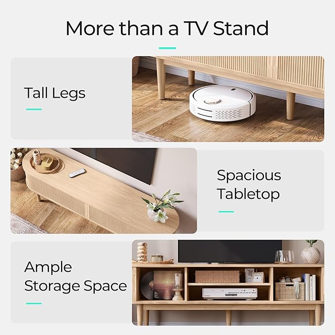 LINSY HOME 70" Fluted TV Stand for TVs up to 80 Inch, Mid Century Modern Entertainment Center with Storage Cabinet and Sliding Doors, Farmhouse Wood Media TV Console for Living Room, Bedroom, Oak