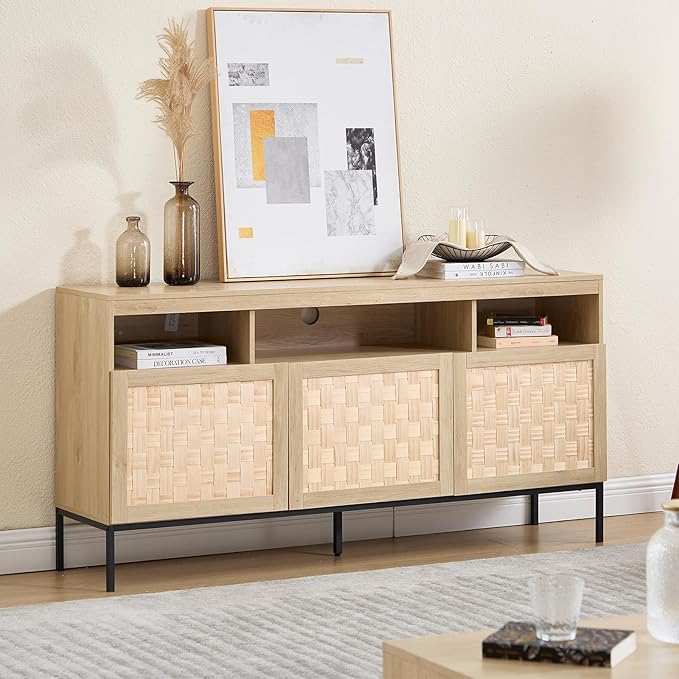 Bonzy Home Tall TV Stand with Stroage, 70" Large Entertainment Center for 75" TV, Tall Media Console Table with Storage Cabinet and Open Shelves, Oak