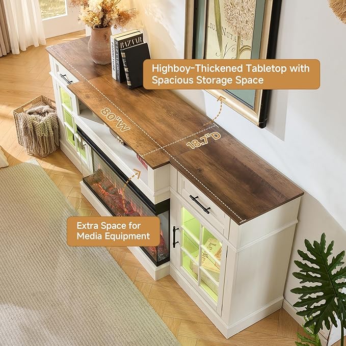 ROCKPOINT 3 Sided Glass 80" Fireplace TV Stand for TVs up to 90inch,Entertainment Center with Drawers and Glass Door Storage Cabinet,36" Electric Fireplace with LED Light and Flame Colors, White