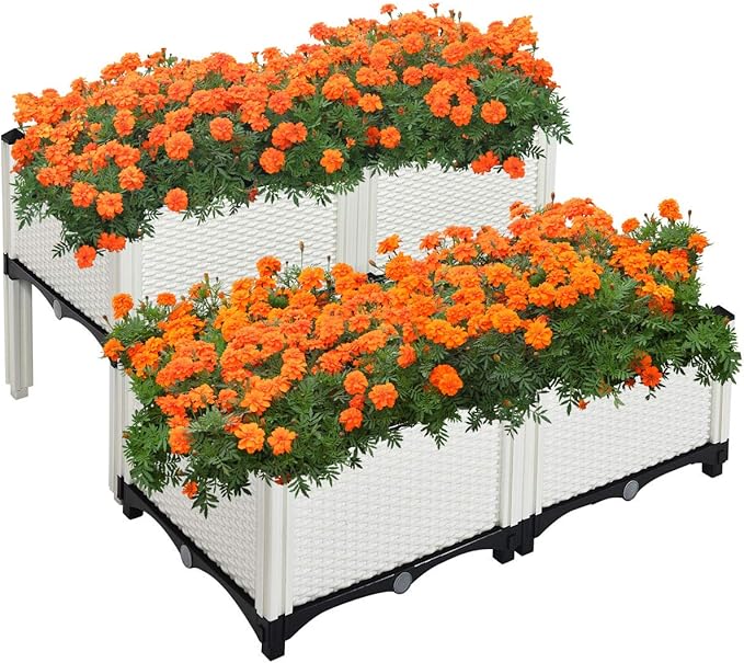 S AFSTAR Raised Garden Bed Kit Set of 4, Elevated Planter Boxes with Self-Watering Design & Removable Legs, Outdoor Plastic Planter Box for Patio Yard Balcony Gardening, Rattan Pattern (White)