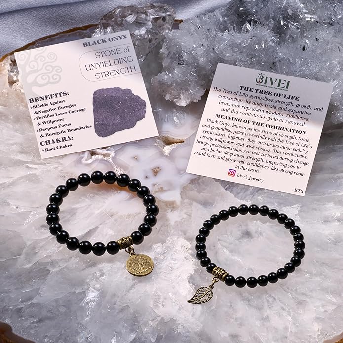 Bivei Natural Semi Precious Gemstone beads bracelet for women - Life Tree and Leaf Charm Energy Reiki Crystal Stretch Bracelets