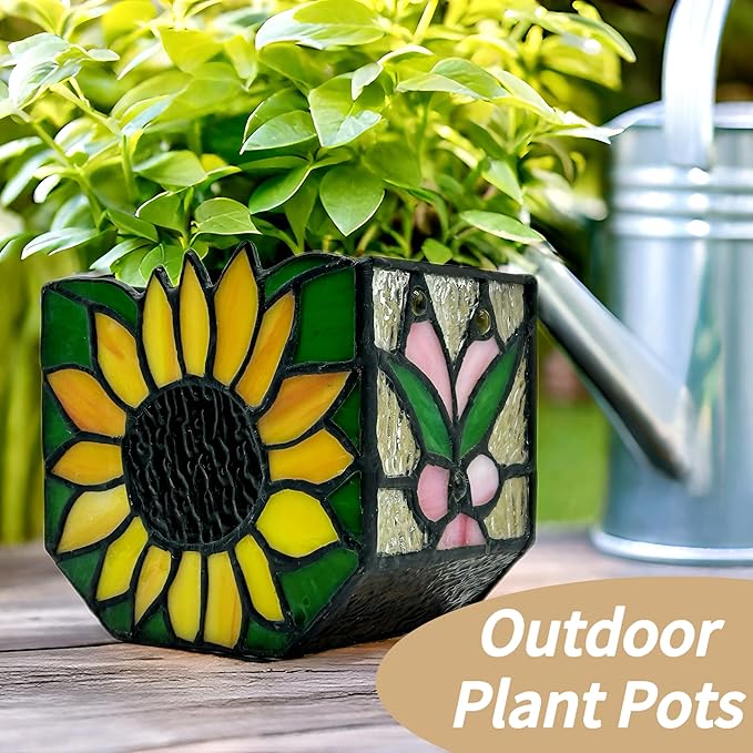 Stained Glass Sunflower Garden Planters,Indoor Plant Pots with Drainage,Unique Plant Pots for Dried Flowers,Sunflower Gifts,4.6 x 3 x 5.15 in