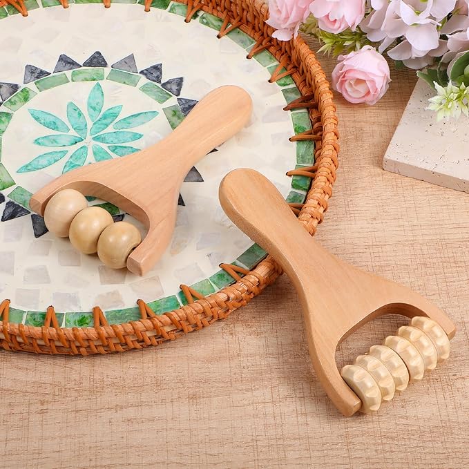 2Pcs Wooden Massage Roller Handheld Bead Massage Tool for Legs Body Feet Muscle Roller Stick