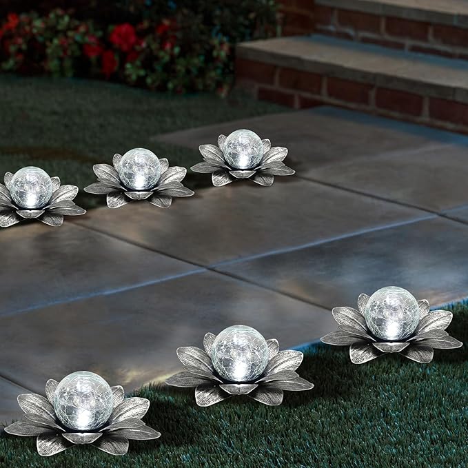 LEWIS&WAYNE Solar Garden Lights Outdoor, 3 Pcs Silver Gray Lotus Flower Pathway Lamps with Cool White Crackle Glass Globe Led Lights for Patio Pathway Yard Balcony Garden Decorations
