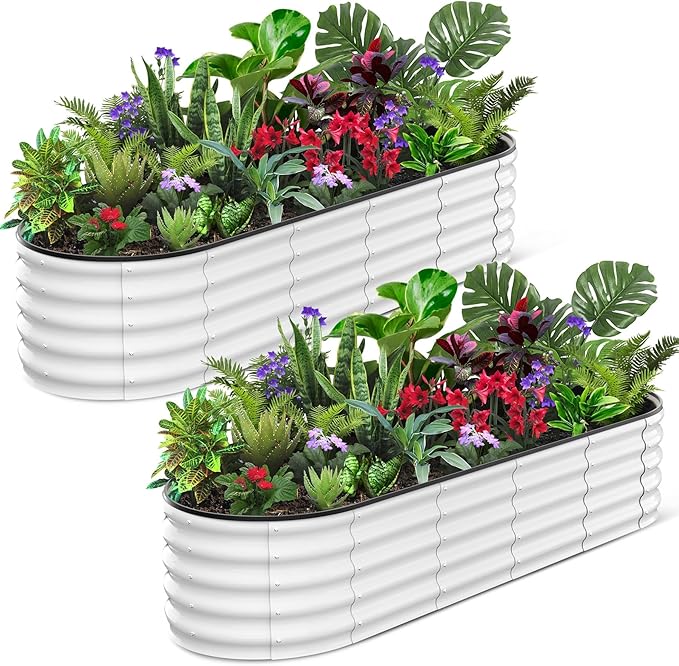 Galvanized Raised Garden Bed, 8x2x1.5Ft Metal Planter Box Outdoor, Oval Open-Ended Base Planter Raised Boxes for Vegetables Flower Herb,Beige