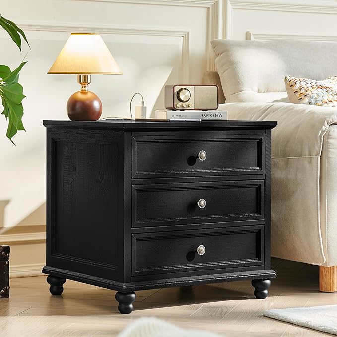 Farmhouse Nightstand Set of 2 with Charging Station, 24" Wide End Table with 3 Drawers,Dresser for Bedroom,Bed Side Table Chest of Drawers Cabinet,Wood Black Night Stand for Living Room