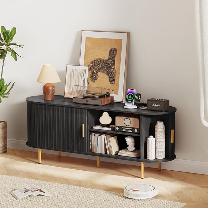 DHH 55 inch Tv Stand Cabinet with Storage,Fluted Tv Console Entertainment Center with Storage Adjustable Shelves, Modern Vintage with Sliding Doors tv Stand for Living Room (Black, 55 Inch)