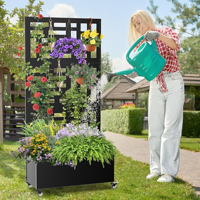 Metal Planter Box with Trellis, 71"x 35"x 16" Raised Garden Bed with Trellis & Wheels, Privacy Planters for Patio, Planter Box with Drainage Holes for Climbing Plants, Flower, Vegetable