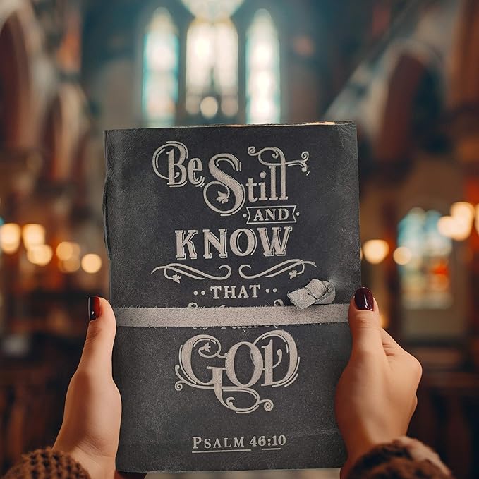 LEATHER VILLAGE Vintage Leather Journal with Psalm 46:10 Bible Verse–13''x8'' Embossed Prayer Study Journal for Women & Men – 200 Pages Handmade Cotton Deckle Edge Watercolor Paper - Grey Paper
