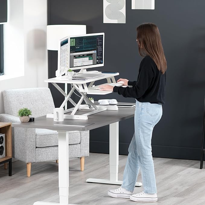 VIVO 36 inch Desk Converter, K Series, Height Adjustable Sit to Stand Riser, Dual Monitor and Laptop Workstation with Wide Keyboard Tray, White, DESK-V036KW
