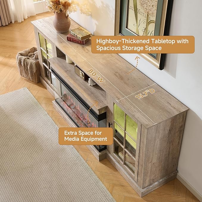 ROCKPOINT 3 Sided Glass 80" Fireplace TV Stand for TVs up to 90inch, Media Entertainment Center with Glass Door Storage Cabinet,36" Electric Fireplace with LED Light and Flame Colors,Grey