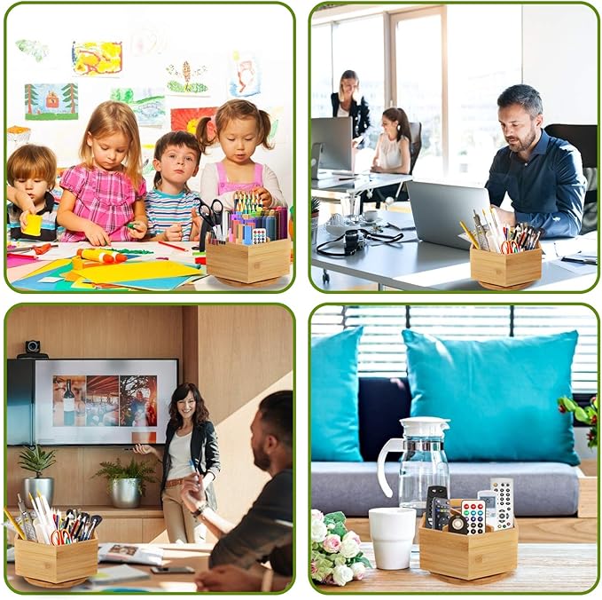 Marbrasse Bamboo Art Supply Organizer, Rotating Pencil Pen Holder, Office Supplies Desktop Storage Caddy, Like Colored Pencils, Pen, Markers, Paint Brushes