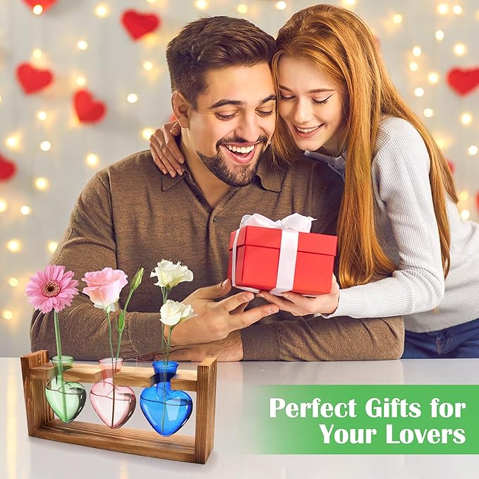 Plant Propagation Station, Propagation Vases for Plants with Wood Stand Heart Shape Glass Planters for Indoor Plants Gifts for Women Plant Lover with a Lanyard