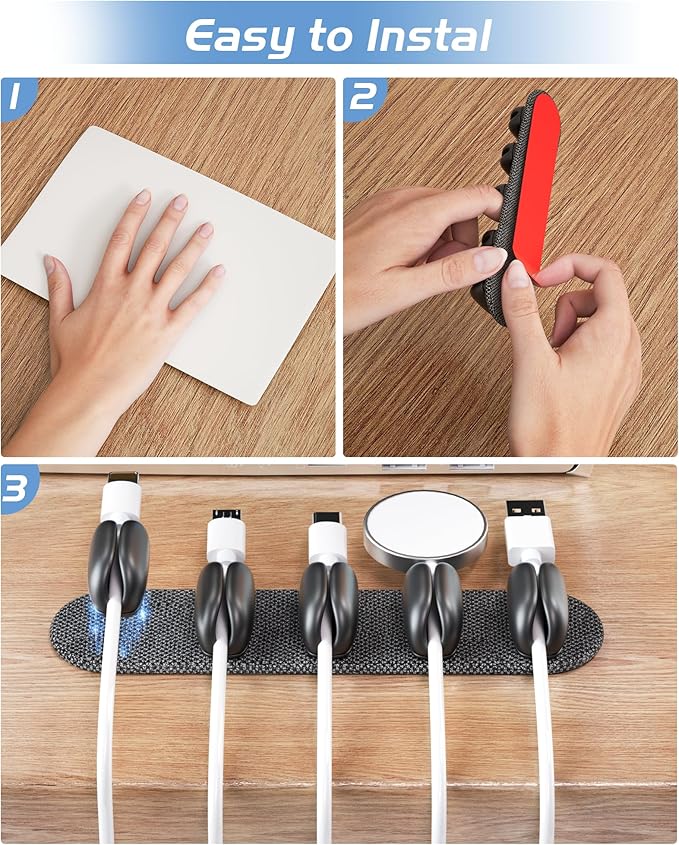 5-Pack Magnetic Cable Clips Cord Organizer - Smoothly Adjustable, Puretor Desk Cable Management Clips. Ideal Wire Holders for Desktop, Nightstand, Wall - Perfect for Home Office, Phone, Car (Black)