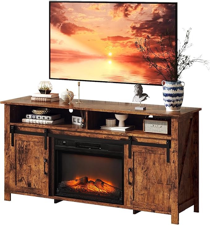 VINGLI Fireplace TV Stand with Sliding Barn Door for 70 Inch TV, Farmhouse Entertainment Center with 23" Fireplace, Media Console Table with Storage Cabinets for Living Room, Rustic Brown