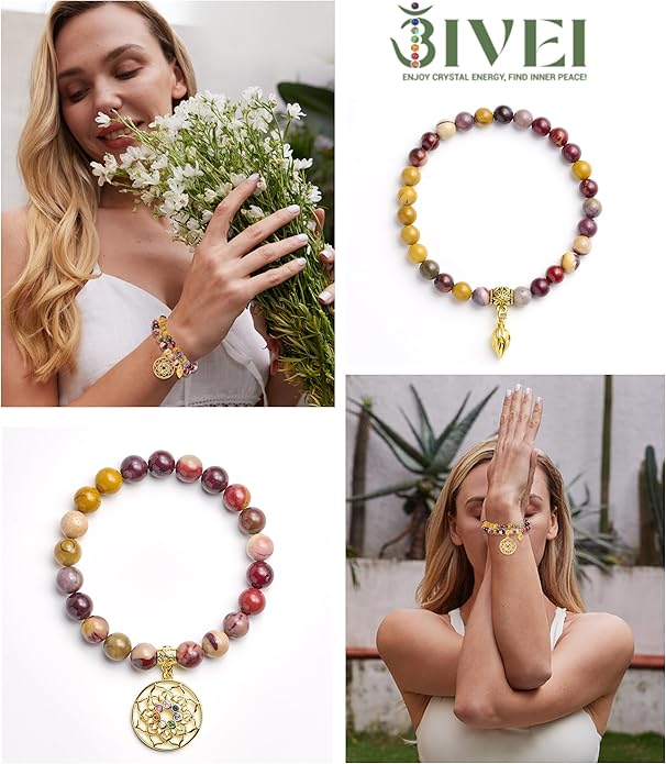 Bivei Natural Semi Precious Gemstone beads bracelet for women - Life Tree and Leaf Charm Energy Reiki Crystal Stretch Bracelets