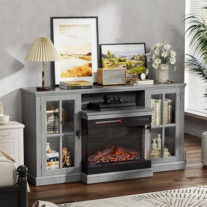 JUMMICO Fireplace TV Stand for TVs up to 65'', 3-Sided Glass Media Entertainment Center Console Table with Cabniet Storage Adjustable Flame LED Color for Living Room (Wash Grey)